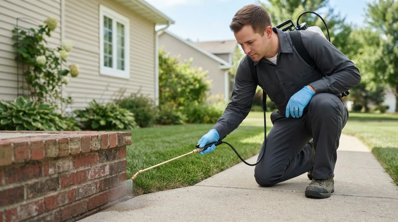 Pest control technician treating a home near Frost, TX